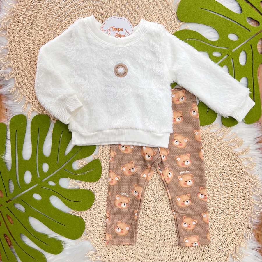 Conj. Casaco Flor Pelo Carneirinho e Calça Legging Ursinhas - Off White e Marrom